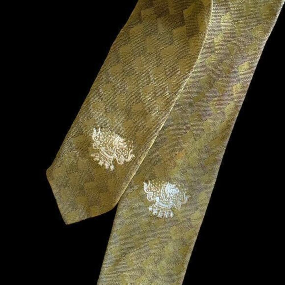 Crest Print Skinny Tie Vintage 1960’s Green Rayon California Necktie 56” x 2”